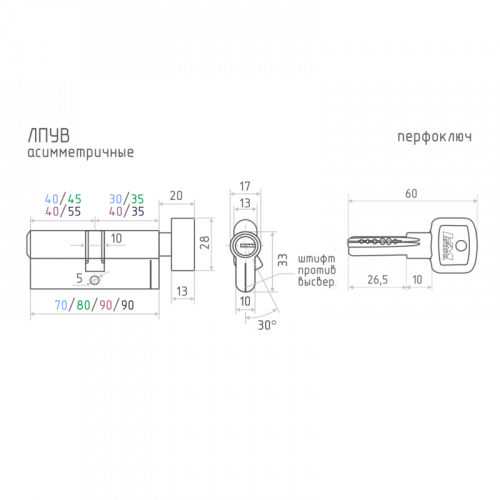 Цилиндровый механизм латунный ключ/вертушка НОРА-М ЛПУВ-90 50-10-30 латунь